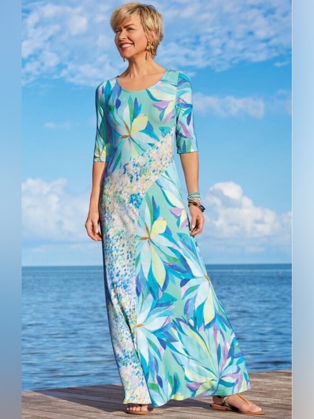 Soft Surroundings Women’s Stella Dress Painterly Blue Maxi Floral XL NWT